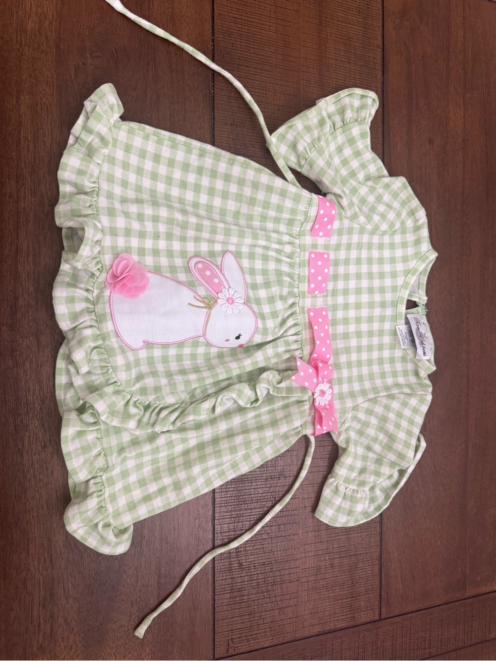 Rare editions 12m Green Gingham Bunny Dress with Pink Bow